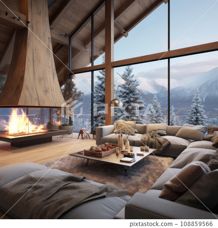 Sofa with pillows and a plaid in the Christmas interior of a cozy living room with a fireplace. 108859566