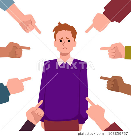 Unhappy young man surrounded by hands with forefingers pointing at him, vector concept victim blaming public disapproval Unhappy young man surrounded by hands with forefingers pointing at him, vector concept victim blaming public disapproval 108859767