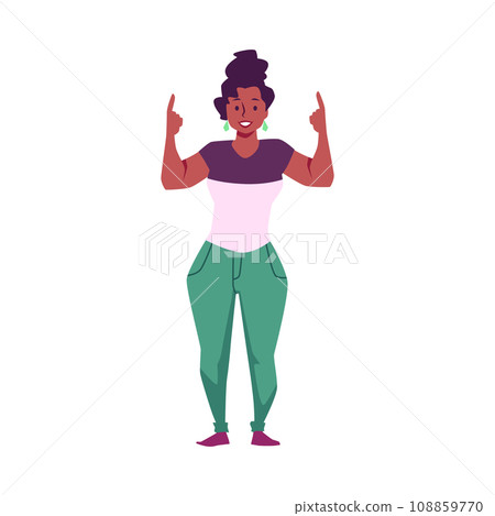Happy dark-skinned woman point fingers up, vector illustration on white Happy dark-skinned woman point fingers up, vector illustration on white 108859770