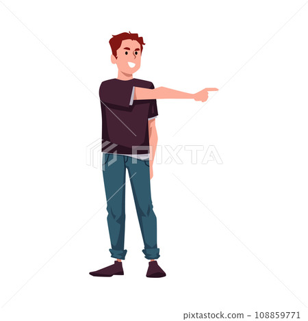 Young boy points with finger to side flat style 108859771