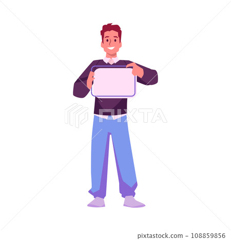 Young man pointing to blank space in his hands. 108859856