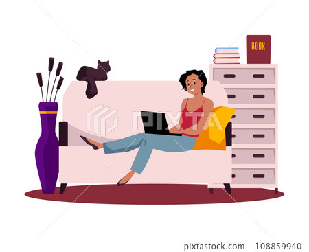 Happy woman working with laptop on sofa flat style, vector illustration Happy woman working with laptop on sofa flat style, vector illustration 108859940