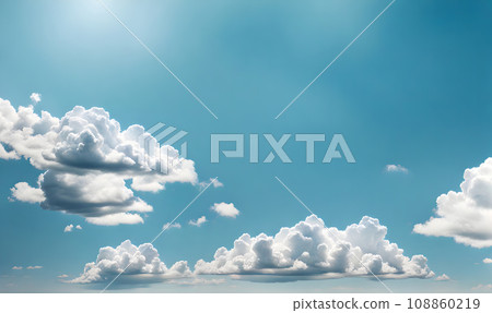 Clear blue sky with fluffy clouds and sun 108860219