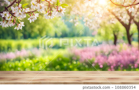 Empty tabletop with natural bokeh background for product Empty tabletop with natural bokeh background for product 108860354