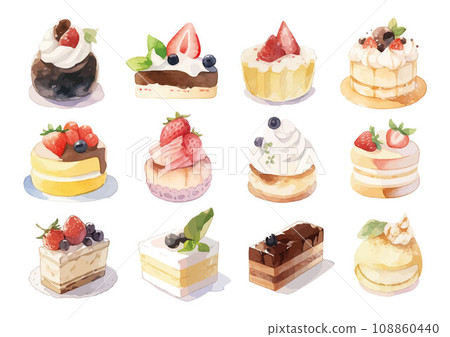 Illustration of various cakes drawn in watercolor 108860440
