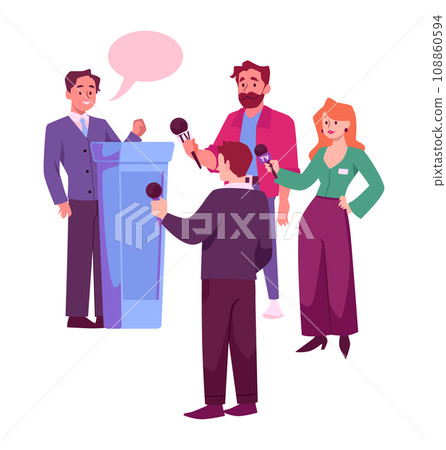Political interview, man and journalists with microphones, flat vector 108860594