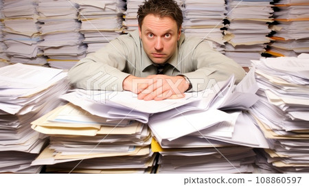 Caucasian man in office with a lot of papers to work. Caucasian man in office with a lot of papers to work. 108860597