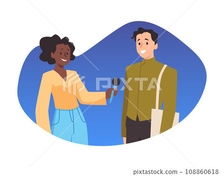 Journalist or blogger conducting an interview or public survey, vector isolated. 108860618