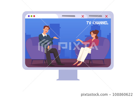 TV show with guest on the screen, vector celebrity male character giving interview to television presenter in studio TV show with guest on the screen, vector celebrity male character giving interview to television presenter in studio 108860622