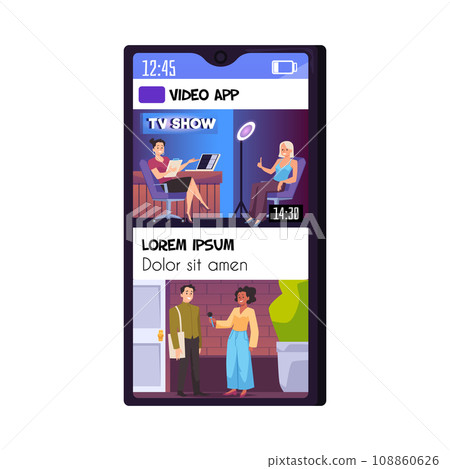 Mobile app template about journalism, flat cartoon vector illustration 108860626