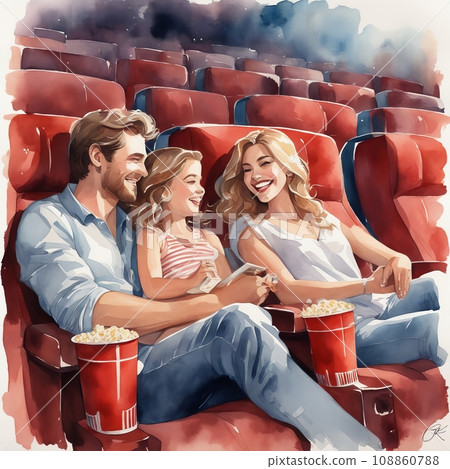 Young family in the movie theater with daughter 108860788