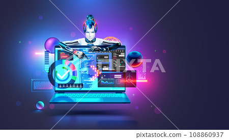 AI helps programmer creates software. Neural network coding program text. Artificial intelligence in image Robot cyborg helps the programmer to create software. Software development with AI chat bot 108860937