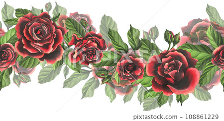Red-black rose flowers with green leaves and buds, chic, bright, beautiful. Hand drawn watercolor illustration. Seamless border a white background, for decoration and design. 108861229