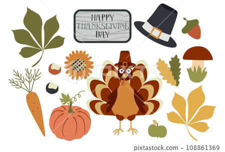 Thanksgiving Vector set of Autumn elements with Turkey, cartoon Pumpkin, Carrot, Apple, Fallen leaves, Pilgrim hat, Mushroom. Happy Thanksgiving day, Harvest festival. Autumn greeting card design Thanksgiving Vector set of Autumn elements with Turkey, cartoon Pumpkin, Carrot, Apple, Fallen leaves, Pilgrim hat, Mushroom. Happy Thanksgiving day, Harvest festival. Autumn greeting card design 108861369