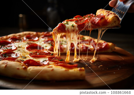 Serving a slice of delicious pepperoni pizza with stretchy cheese using pizza serving spoon. Generative AI 108861668