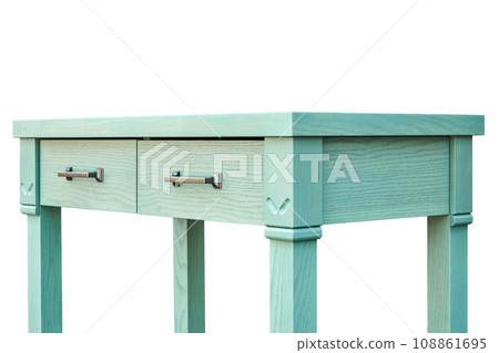 Green serving table with drawers and shelves closeup Green serving table with drawers and shelves closeup 108861695
