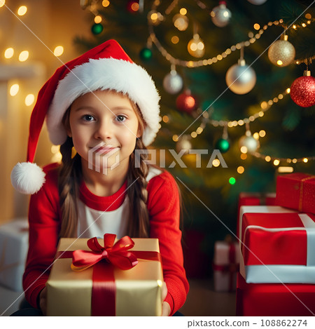 Happy kid with a christmas gift boxes with a decorated christmas tree in a room - Generative Ai 108862274