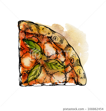 Hand drawn watercolor ink illustration. Margherita pizza slice, mozzarella tomato basil, Italian cuisine. Single object isolated on white. Design restaurant menu cafe, food shop package, flyer print. 108862454