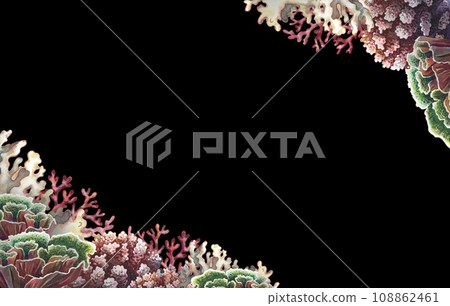 Coral frame. Underwater world. Hand-drawn in watercolor. On a black background. Aquarium, tropical, reef. The concept of a label, business card and banner, postcard and flyer, brochure template. Coral frame. Underwater world. Hand-drawn in watercolor. On a black background. Aquarium, tropical, reef. The concept of a label, business card and banner, postcard and flyer, brochure template. 108862461