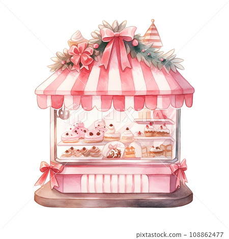 Christmas cake storefront in a winter with decorated bows and wreaths ,ai generative 108862477