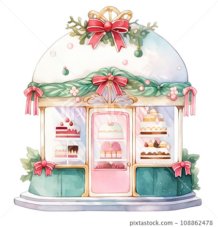 Christmas cake storefront in a winter with decorated bows and wreaths ,ai generative 108862478