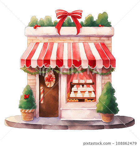 Christmas cake storefront in a winter with decorated bows and wreaths ,ai generative 108862479