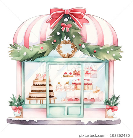 Christmas cake storefront in a winter with decorated bows and wreaths ,ai generative 108862480