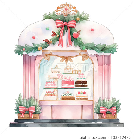 Christmas cake storefront in a winter with decorated bows and wreaths ,ai generative 108862482