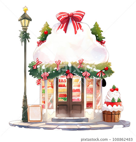 Christmas cake storefront in a winter with decorated bows and wreaths ,ai generative 108862483