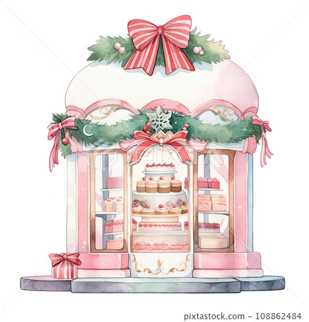 Christmas cake storefront in a winter with decorated bows and wreaths ,ai generative 108862484