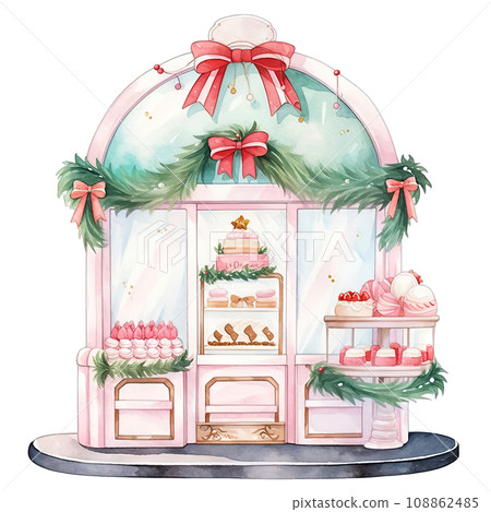 Christmas cake storefront in a winter with decorated bows and wreaths ,ai generative 108862485