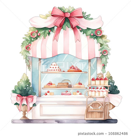 Christmas cake storefront in a winter with decorated bows and wreaths ,ai generative 108862486