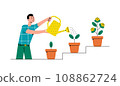 Money tree with coin in pot. Man with watering can for grow currency. Business investment concept. 108862724