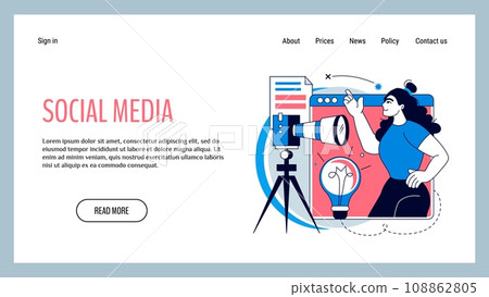 Social media. Blog creation landing page. Woman records vlog. Photo camera. Creative idea for bloggers. Digital content editor. Web designer. Blogging online management. Website template vector design Social media. Blog creation landing page. Woman records vlog. Photo camera. Creative idea for bloggers. Digital content editor. Web designer. Blogging online management. Website template vector design 108862805