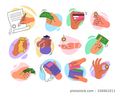 Hands holding money. Bills and credit cards. Gestures of donation. Characters with financial taxes. Budget economy. Contract signature. Coins and banknotes. Cash payment. Paying arms vector flat set 108862811