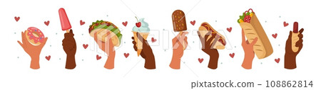 Hands hold food. Sandwich and burger in arms. Croissant and hamburger. Tasty hotdog. Characters with ice cream and pizza. Takeaway meal. Taco or shawarma. Street snacks set. Vector tidy illustration Hands hold food. Sandwich and burger in arms. Croissant and hamburger. Tasty hotdog. Characters with ice cream and pizza. Takeaway meal. Taco or shawarma. Street snacks set. Vector tidy illustration 108862814