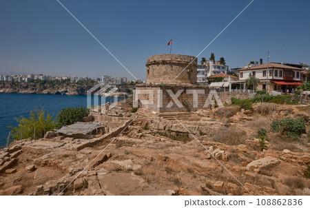 Hidirlik Tower in the old city Marina at the foot of Kaleici old town in Antalya, Turkey. it is a round stone tower built by the Romans in the 2nd centurey Hidirlik Tower in the old city Marina at the foot of Kaleici old town in Antalya, Turkey. it is a round stone tower built by the Romans in the 2nd centurey 108862836
