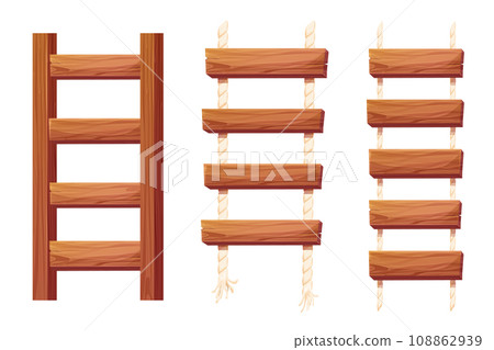 Set Wooden ladder with rope, planks hanging, staircase in cartoon style isolated on white background, Bridge, game road. Set Wooden ladder with rope, planks hanging, staircase in cartoon style isolated on white background, Bridge, game road. 108862939