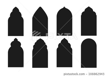 Set islamic arch frames, window or door silhouette, simple geometric border isolated on white background. Mosque gate, islamic arabesque, arabian muslim shape arch 108862943
