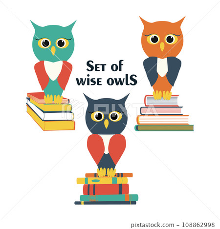 Set of wise owl on a stack of books. Vector owl characters. Back to school flat illustration. Set of wise owl on a stack of books. Vector owl characters. Back to school flat illustration. 108862998