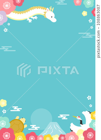 New Year's card illustration for the Year of the Dragon, dragon, crane and turtle, vertical size with light blue background 108863087