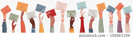 Group of multi-ethnic business people with raised arms holding an envelope. Colleagues or co-workers or friends.Diverse races and cultures. Email exchange.Share messages and information 108863109