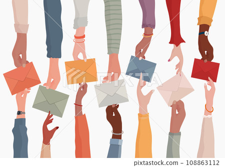 Arms of diverse people holding an email as a concept of electronic mail information and sharing online.Send and receive messages. Colleagues o co-workers o friends.Teamwork.Communication Arms of diverse people holding an email as a concept of electronic mail information and sharing online.Send and receive messages. Colleagues o co-workers o friends.Teamwork.Communication 108863112