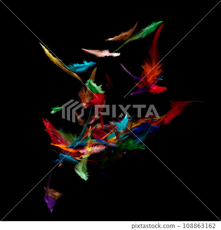 Many color Feather fly fall in Air over black background isolated. Puffy Fluffy soft feathers as purity smooth like dream floating dove in sky. Angle flying from heaven, photo motion studio lighting Many color Feather fly fall in Air over black background isolated. Puffy Fluffy soft feathers as purity smooth like dream floating dove in sky. Angle flying from heaven, photo motion studio lighting 108863162