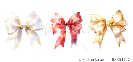 Set of white, red and gold bows watercolor isolated on transparent background 108863197