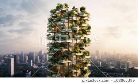 Vertical Architecture Futuristic City with Green Spaces Concept Illustration Vertical Architecture Futuristic City with Green Spaces Concept Illustration 108863399