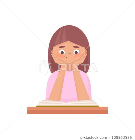 Cute girl sitting at the school desk and reading book in class. Happy child character do homework Cute girl sitting at the school desk and reading book in class. Happy child character do homework 108863586