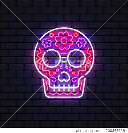 Neon sign of skull for decoration and covering on the wall background. Concept of Happy Day of the Dead in Mexico. Vector illustration 108863619