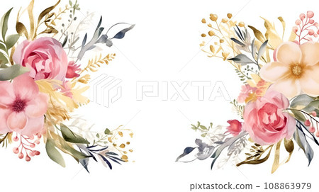 Elegant watercolor botanical border with gold geometric lines, perfect for wedding printable decor 108863979