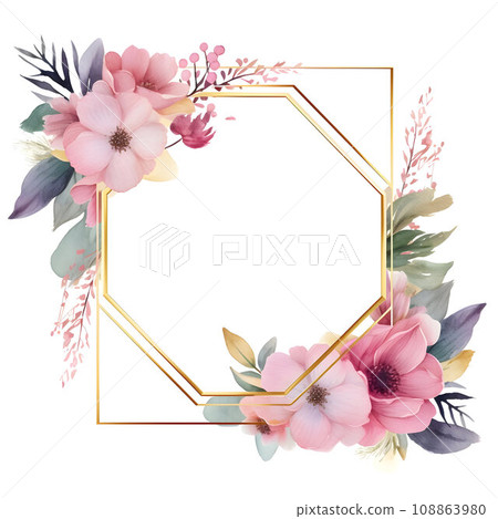 Elegant watercolor botanical border with gold geometric lines, perfect for wedding printable decor Elegant watercolor botanical border with gold geometric lines, perfect for wedding printable decor 108863980